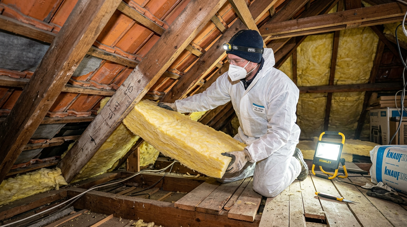 Vakman bezig met isolatiewerkzaamheden