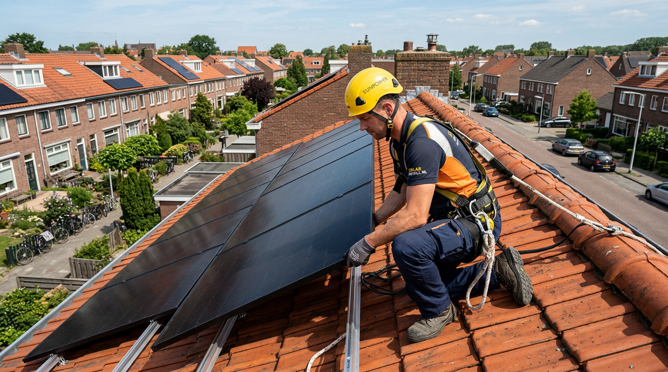 Installateur plaatst zonnepanelen op dak