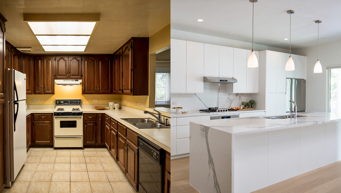 Gerenoveerde moderne keuken voor en na